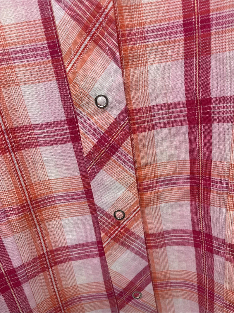 New Women’s Cumberland Pink Orange Plaid Long Sleeve Pearl Snap Large II-106