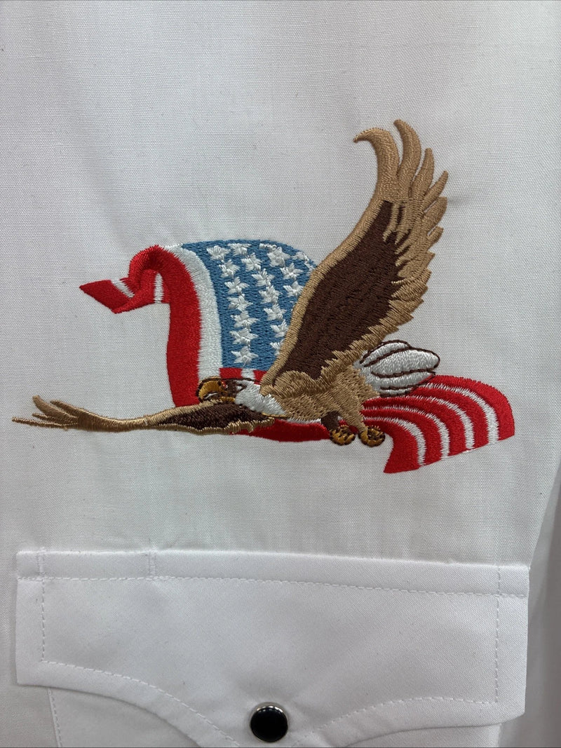 New Men’s ELY Cattleman White Eagle Flag Short Sleeve Pearl Snap Large Q-45