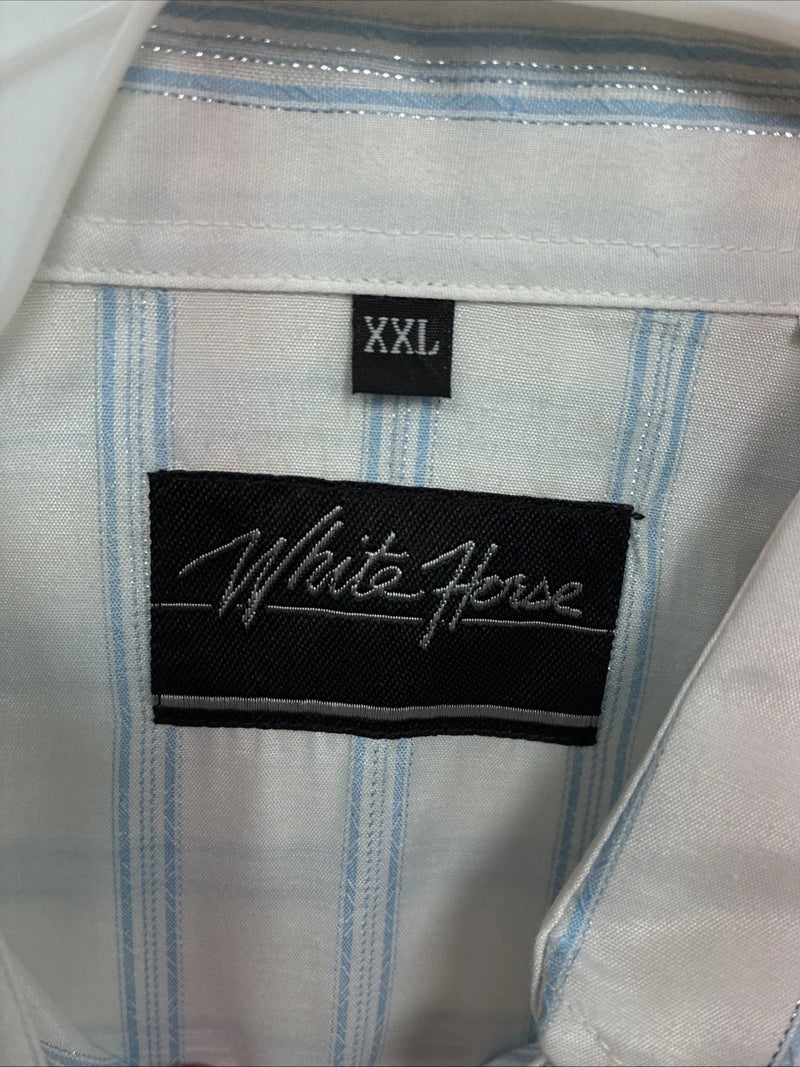 New Men’s White Horse White Blue Stripe Long Sleeve Button Up 2XL H-73