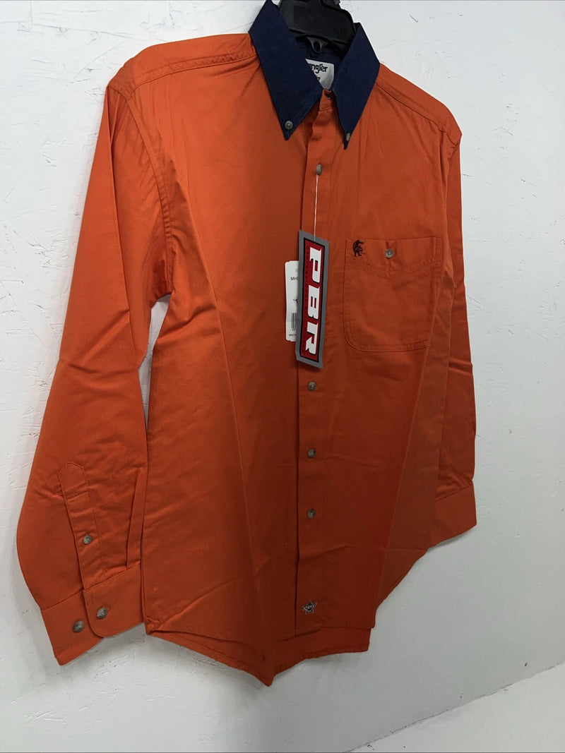New Men’s Wrangler Orange Denim Collar Long Sleeve Button Up Small A-195
