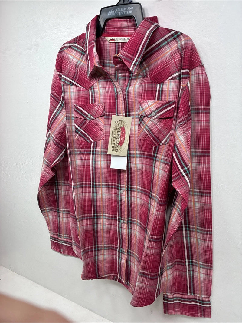 New Women’s Cumberland Pink Plaid Long Sleeve Pearl Snap XL GG-29