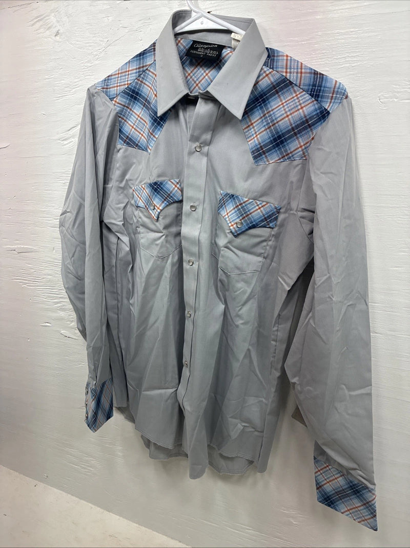 New Kids Champion Western Gray Plaid Long Sleeve Pearl Snap Size 18 CC-107