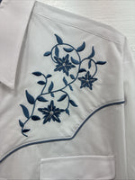 New Men’s ELY Cattleman White Blue Embroidered Long Sleeve Pearl Snap XL J-40