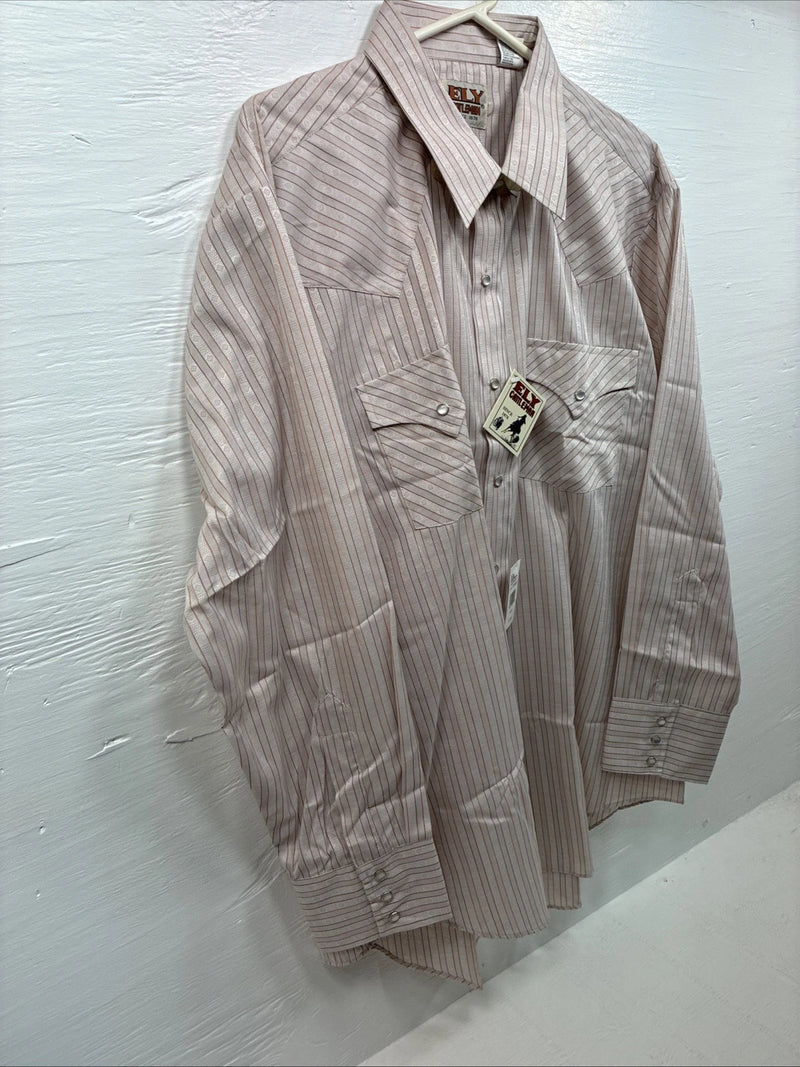 New Men’s ELY Cattleman Pink Stripe Long Sleeve Pearl Snap 17.5 XL O-62
