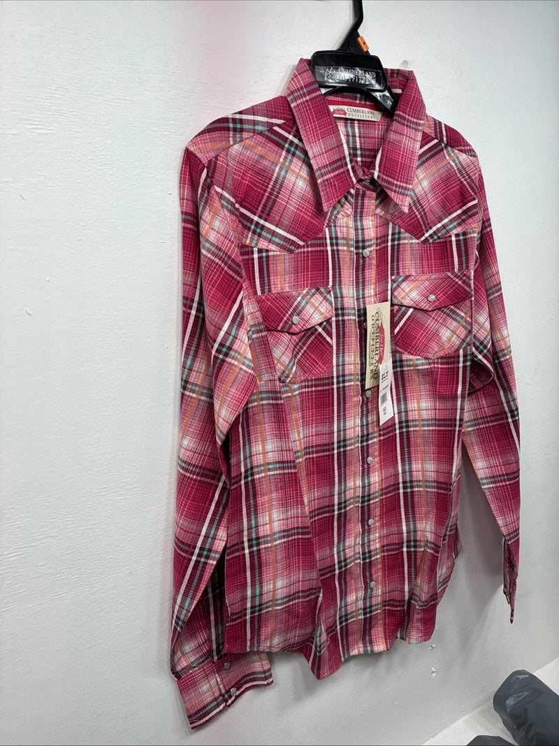 New Women’s Cumberland Pink Plaid Long Sleeve Pearl Snap Medium LL-1