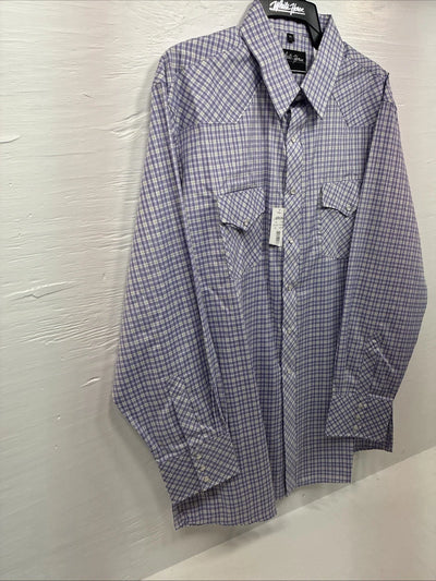 New Men’s White Horse Purple Plaid Long Sleeve Pearl Snap XL M-70