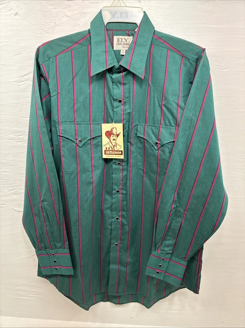 New Men’s ELY Cattleman Green Pink Stripe Long Sleeve Pearl Snap 16.5 Large Q-81