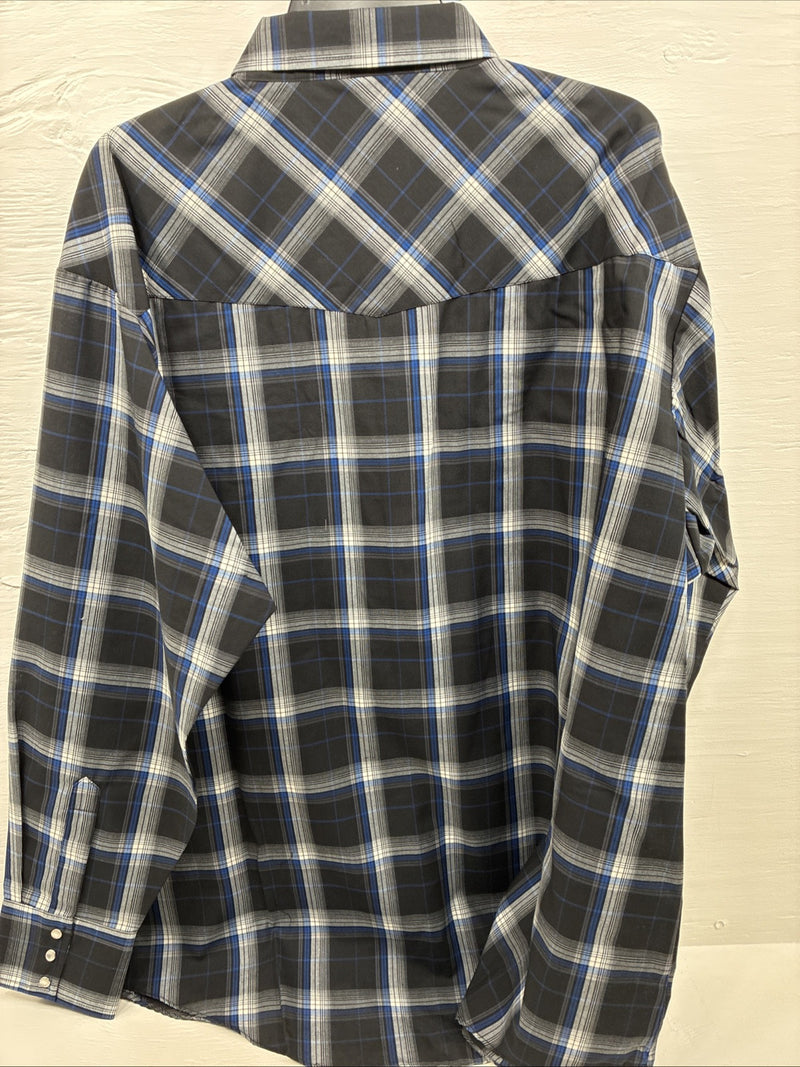 New Men’s ELY Cattleman Black Blue Flannel Long Sleeve Pearl Snap 4XL Tall E-88