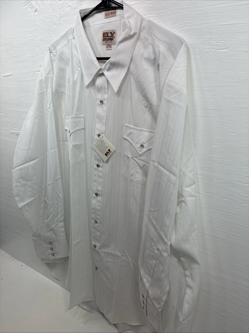 New Men’s ELY Cattleman White Designed Long Sleeve Pearl Snap 19.5 X 36 3XL T-47