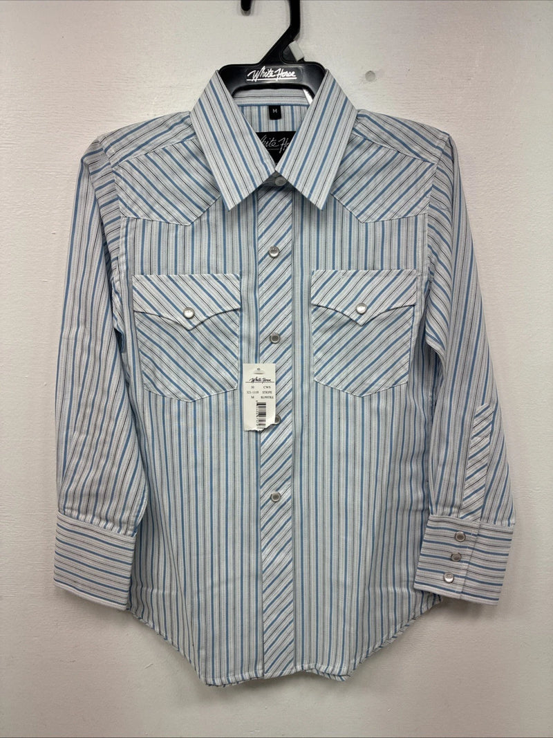 New Kids White Horse Blue Stripe Long Sleeve Pearl Snap Medium DD-75