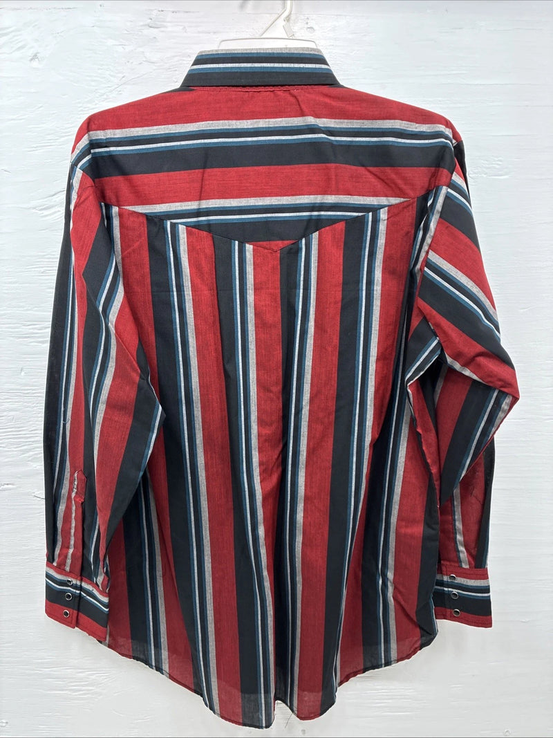 New Men’s ELY Cattleman Red Black Stripe Long Sleeve Pearl Snap 16.5 Large Q-33