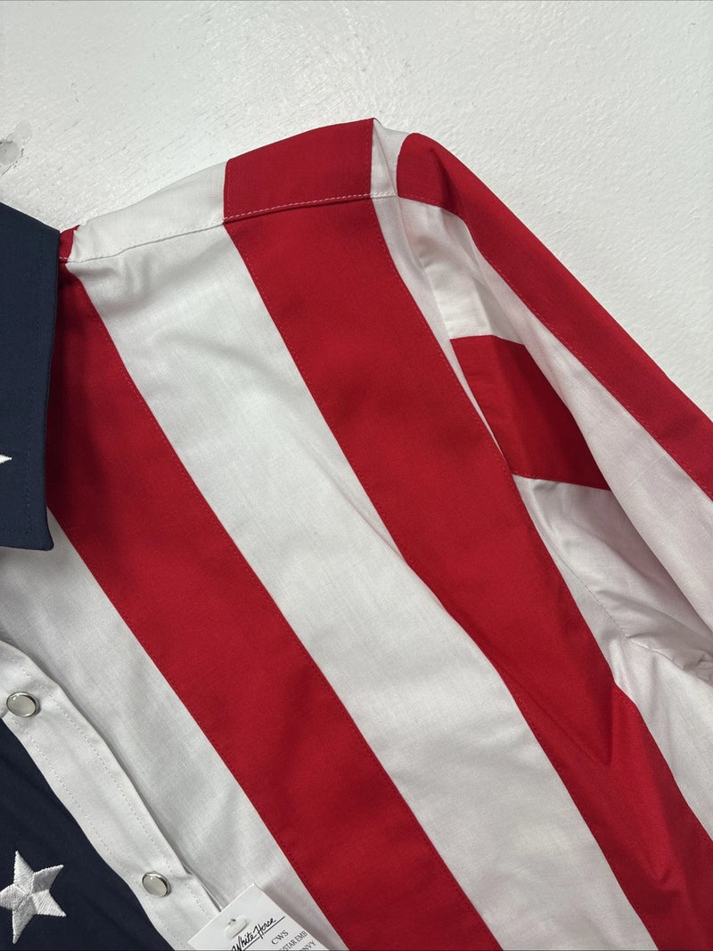 New Women’s White Horse Red White Blue Long Sleeve Pearl Snap Medium KK-16