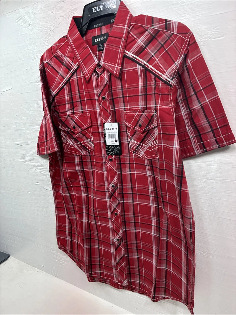 New Men’s ELY 1878 Red Plaid Short Sleeve Pearl Snap XL M-48