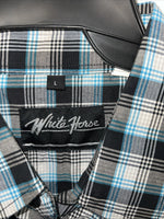 New Men’s Blue Black Plaid White House Long Sleeve Pearl Snap Shirt. Large P-46