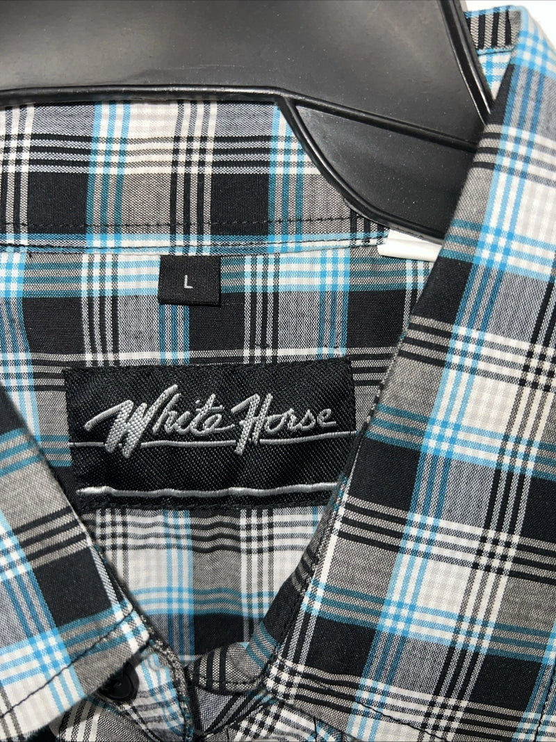 New Men’s Blue Black Plaid White House Long Sleeve Pearl Snap Shirt. Large P-46
