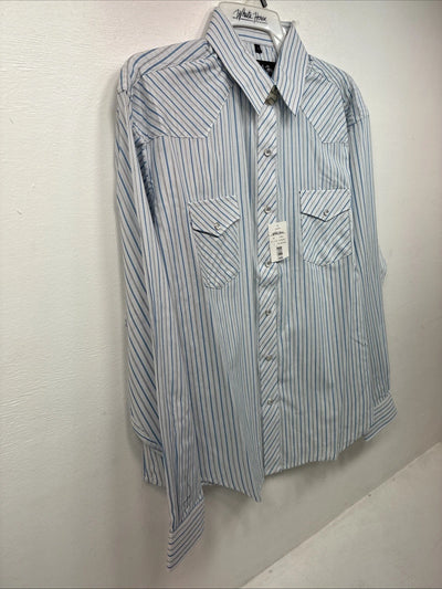 New Women’s White Horse Blue Stripe Long Sleeve Pearl Snap Large GG-74