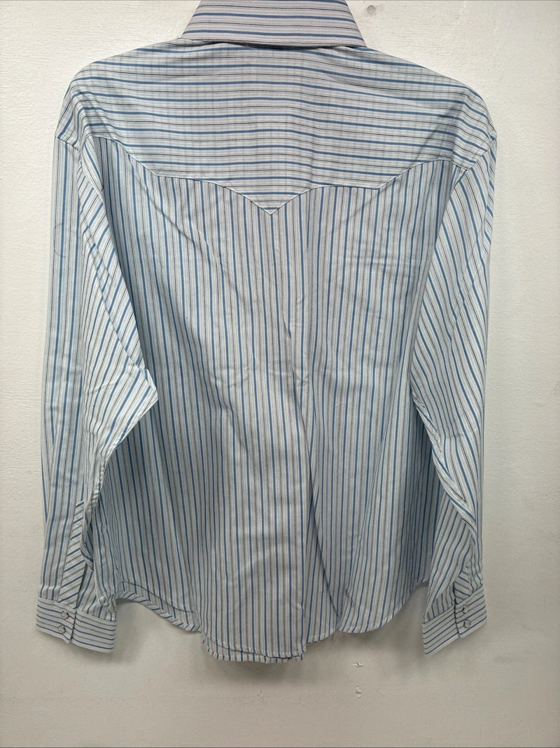 New Women’s White Horse Blue Stripe Long Sleeve Pearl Snap Large GG-74