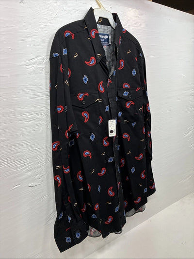 New Men’s Wrangler Black Designed Long Sleeve Button Up 16.5 Large Q-76