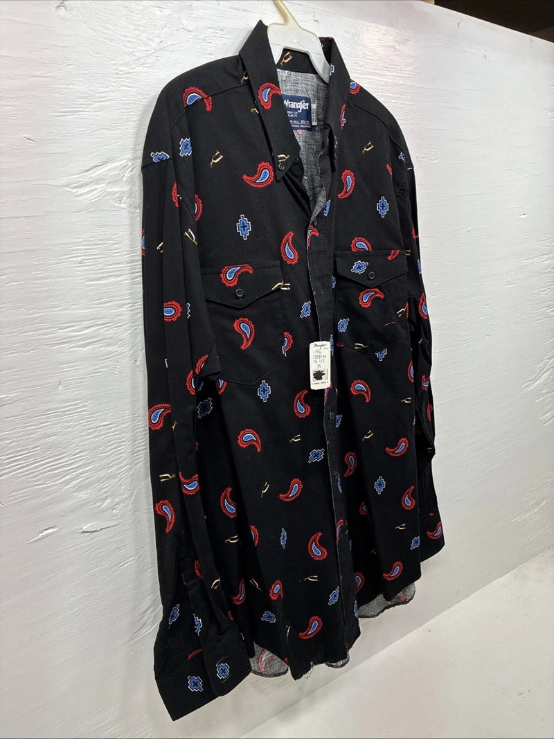 New Men’s Wrangler Black Designed Long Sleeve Button Up 16.5 Large Q-76