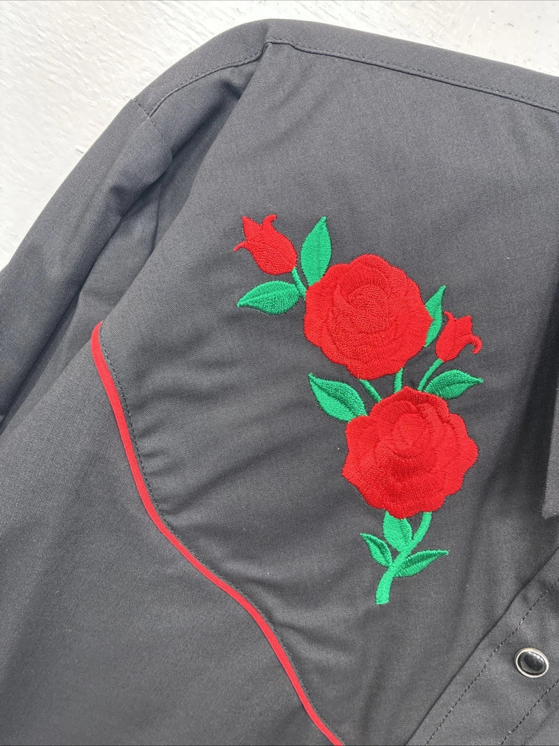 New Women’s Country Charmers Black Rose Long Sleeve Pearl Snap XL II-59