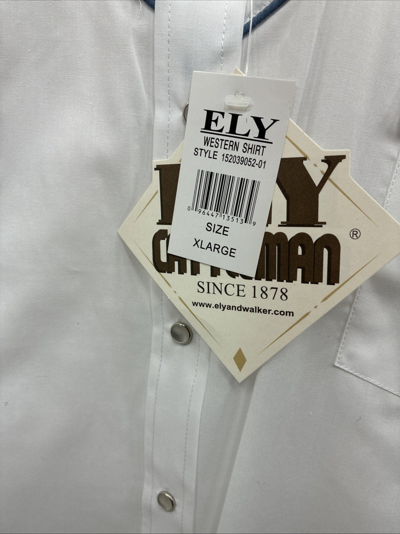 New Men’s ELY Cattleman White Blue Embroidered Long Sleeve Pearl Snap XL H-88