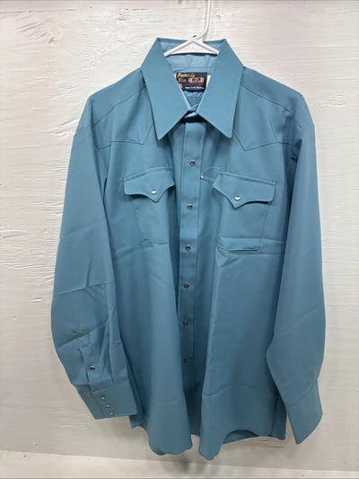 New Men’s Panhandle Slim Blue Simple Long Sleeve Pearl Snap 17 Large M-68