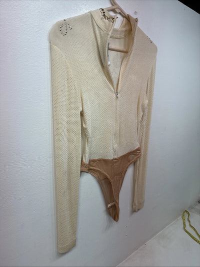 New Tadaski Cream Gem Long Sleeve Half Zip Showing Bodysuit Small TT-44