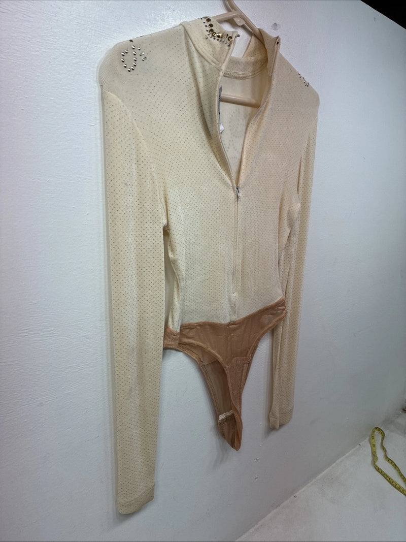 New Tadaski Cream Gem Long Sleeve Half Zip Showing Bodysuit Small TT-44