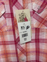 New Women’s Cumberland Pink Orange Plaid Long Sleeve Pearl Snap Large II-106
