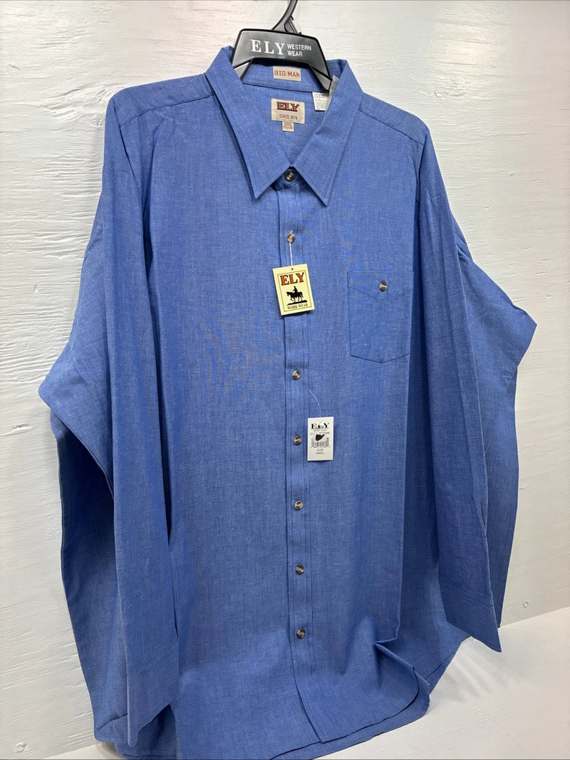New Men’s ELY Cattleman Blue Long Sleeve Button Up 20.5 X 36 4XL E-66
