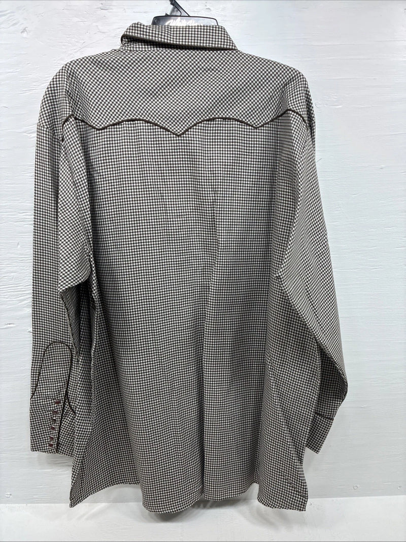 New Men’s White Horse Brown White Checkered Long Sleeve Pearl Snap 2XL H-50