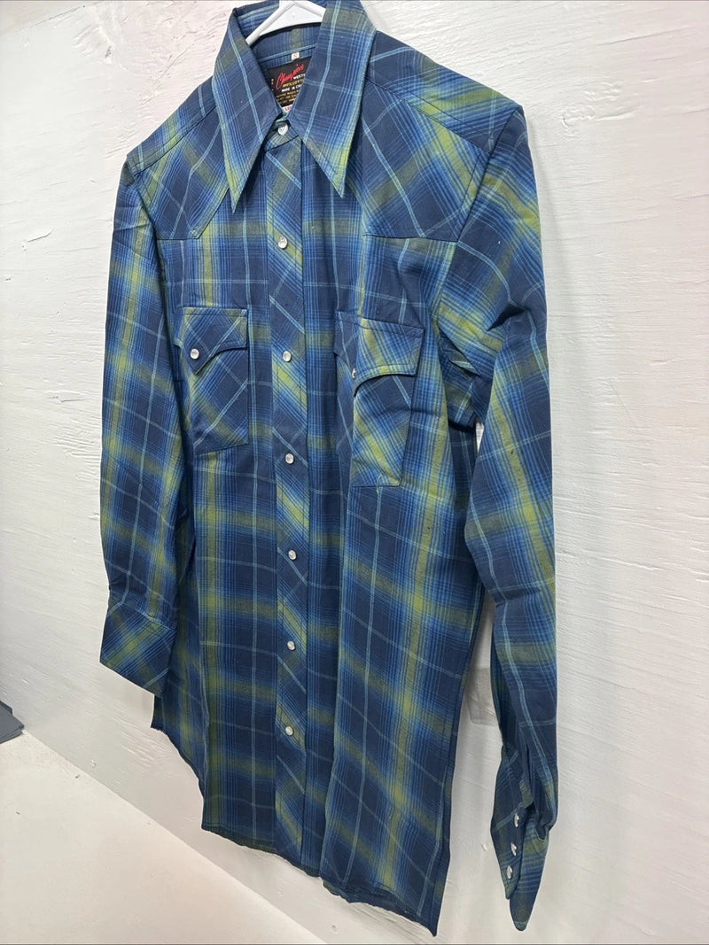 New Men’s Champion Westerns Blue Green Plaid Long Sleeve Pearl Snap Small R-22