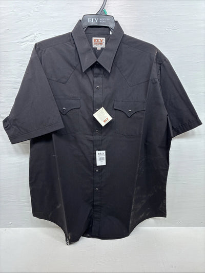 New Men’s ELY Cattleman Black Simple Short Sleeve Pearl Snap 18 2XL F-94