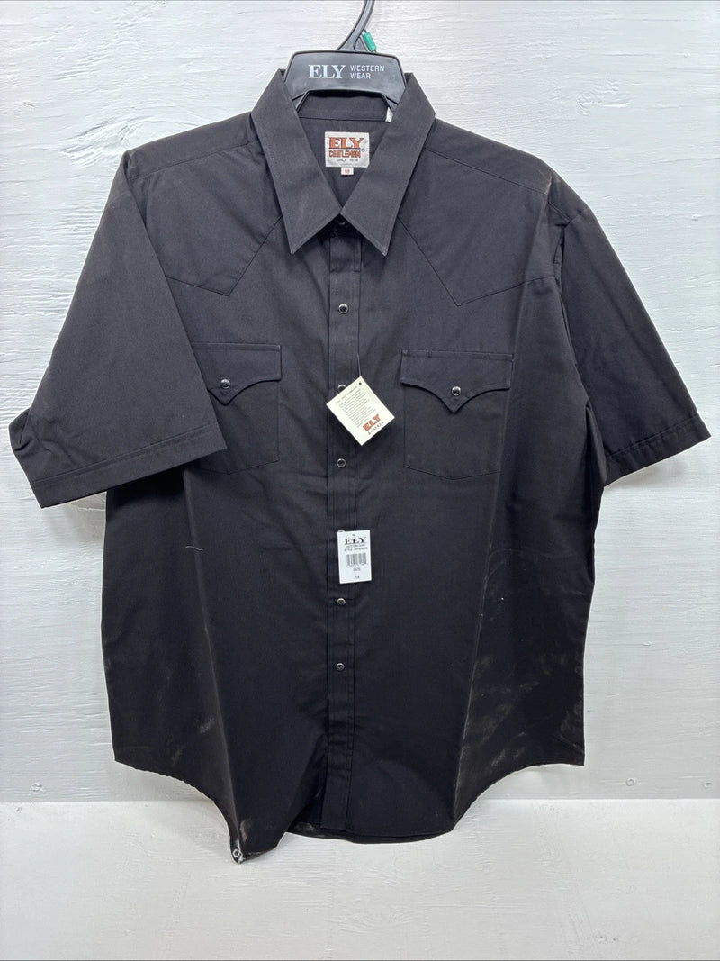 New Men’s ELY Cattleman Black Simple Short Sleeve Pearl Snap 18 2XL F-94