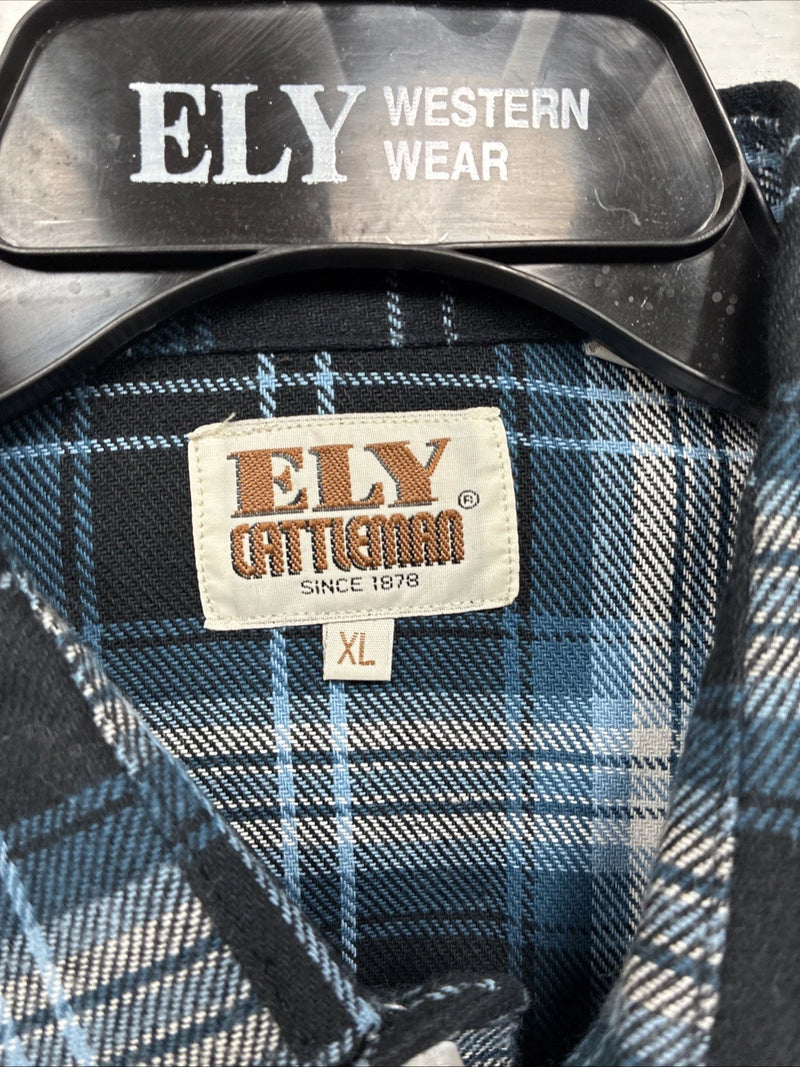 New Men’s ELY Cattleman Blue Black Plaid Long Sleeve Pearl Snap XL O-56