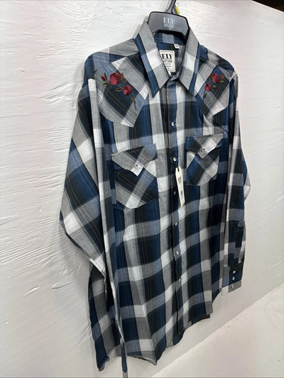 New Men’s ELY Cattleman Blue Grey Plaid Long Sleeve Pearl Snap Large AA-19