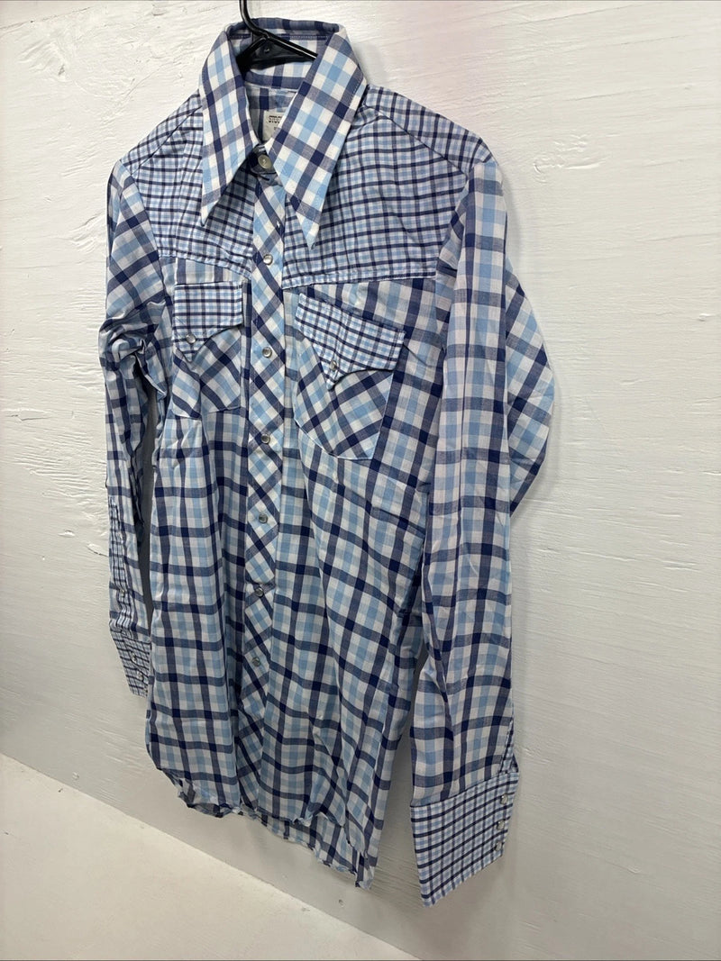 New Men’s Stockman Blue Plaid Long Sleeve Pearl Snap 14.5 Small AA-67