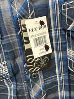 New Men’s ELY 1878 Blue Gray Plaid Short Sleeve Pearl Snap Large X-45