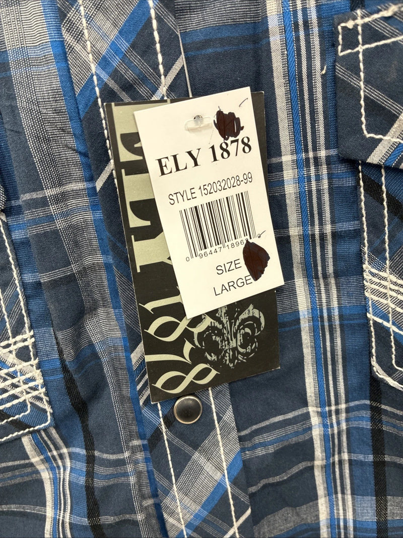 New Men’s ELY 1878 Blue Gray Plaid Short Sleeve Pearl Snap Large X-45