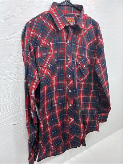 New Men’s ELY Plains Red Plaid Long Sleeve Pearl Snap 16  X 34 Large M-34