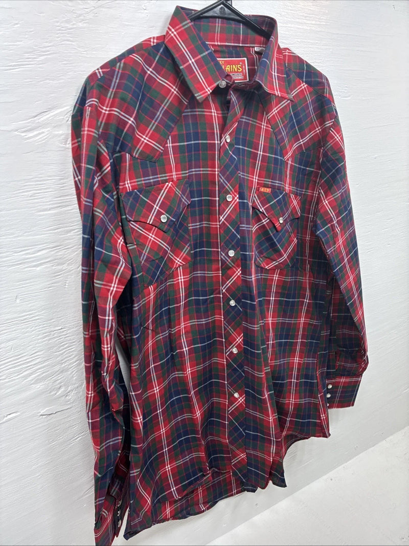 New Men’s ELY Plains Red Plaid Long Sleeve Pearl Snap 16  X 34 Large M-34