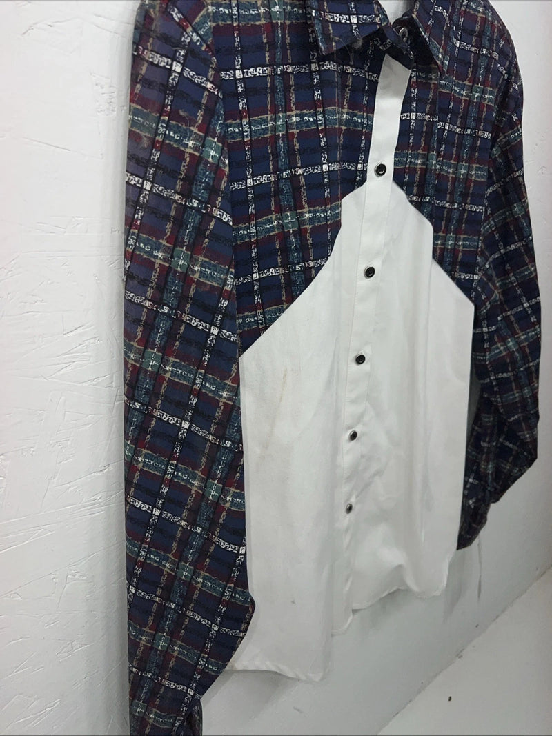 New Women’s Cowboy Threads White Navy Plaid Long Sleeve Button Up Shirt M 3B-75