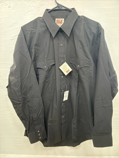 New Men’s ELY Cattleman Simple Black Long Sleeve Pearl Snap 16.5 Large M-54