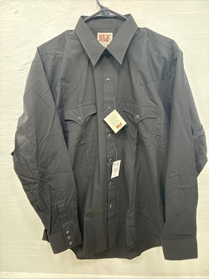 New Men’s ELY Cattleman Simple Black Long Sleeve Pearl Snap 16.5 Large M-54