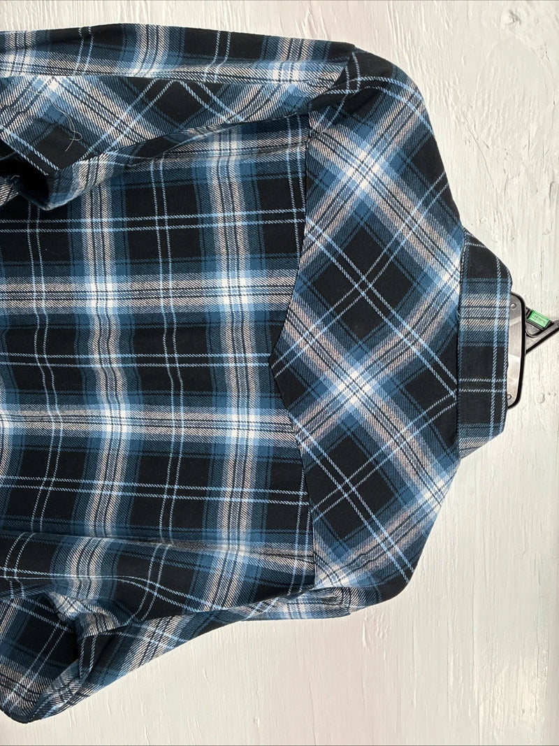 New Men’s ELY Cattleman Blue Black Plaid Long Sleeve Pearl Snap XL O-56