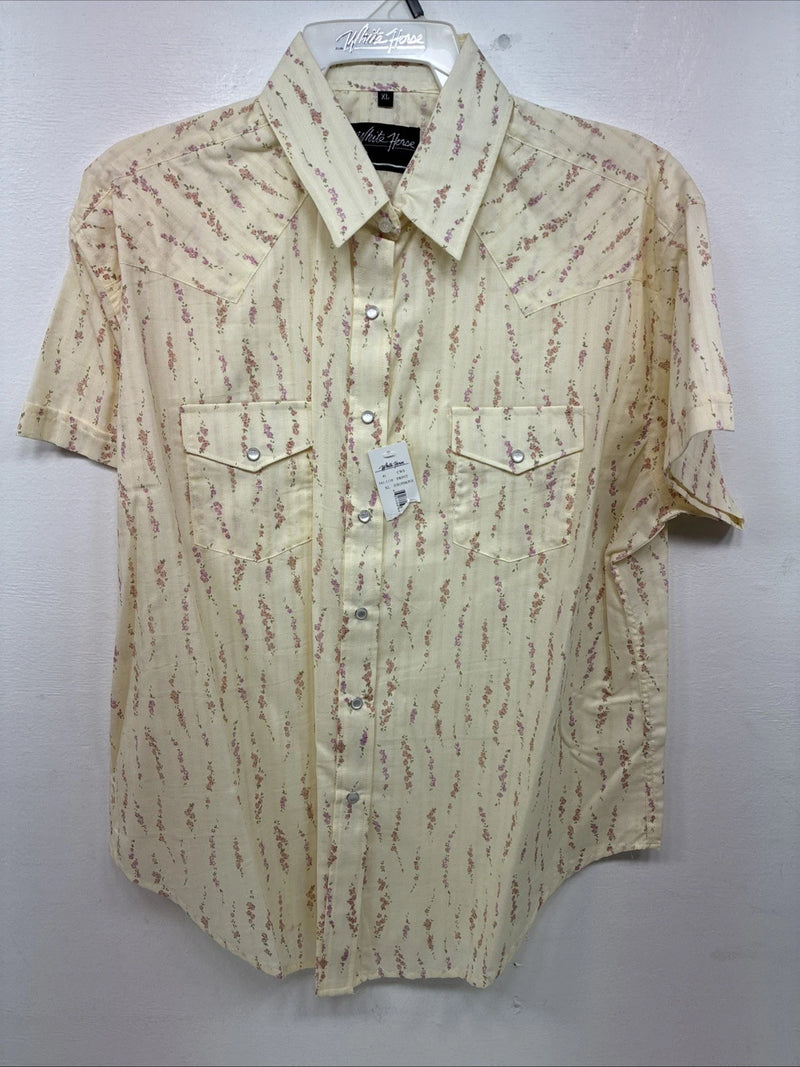 New Women’s White Horse Yellow Floral Short Sleeve Pearl Snap XL II-94