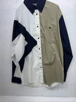 New Men’s Cowboy Threads Navy White Tan Button Up Long Sleeve Shirt Medium I-38
