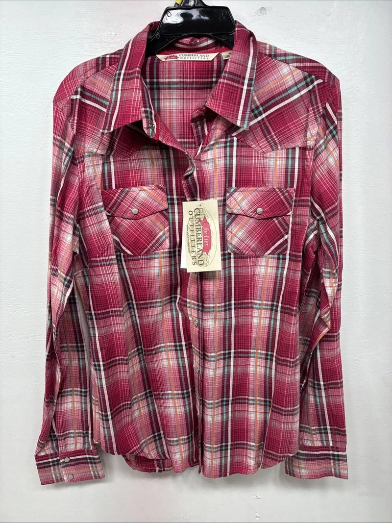 New Women’s Cumberland Pink Plaid Long Sleeve Pearl Snap Medium LL-49