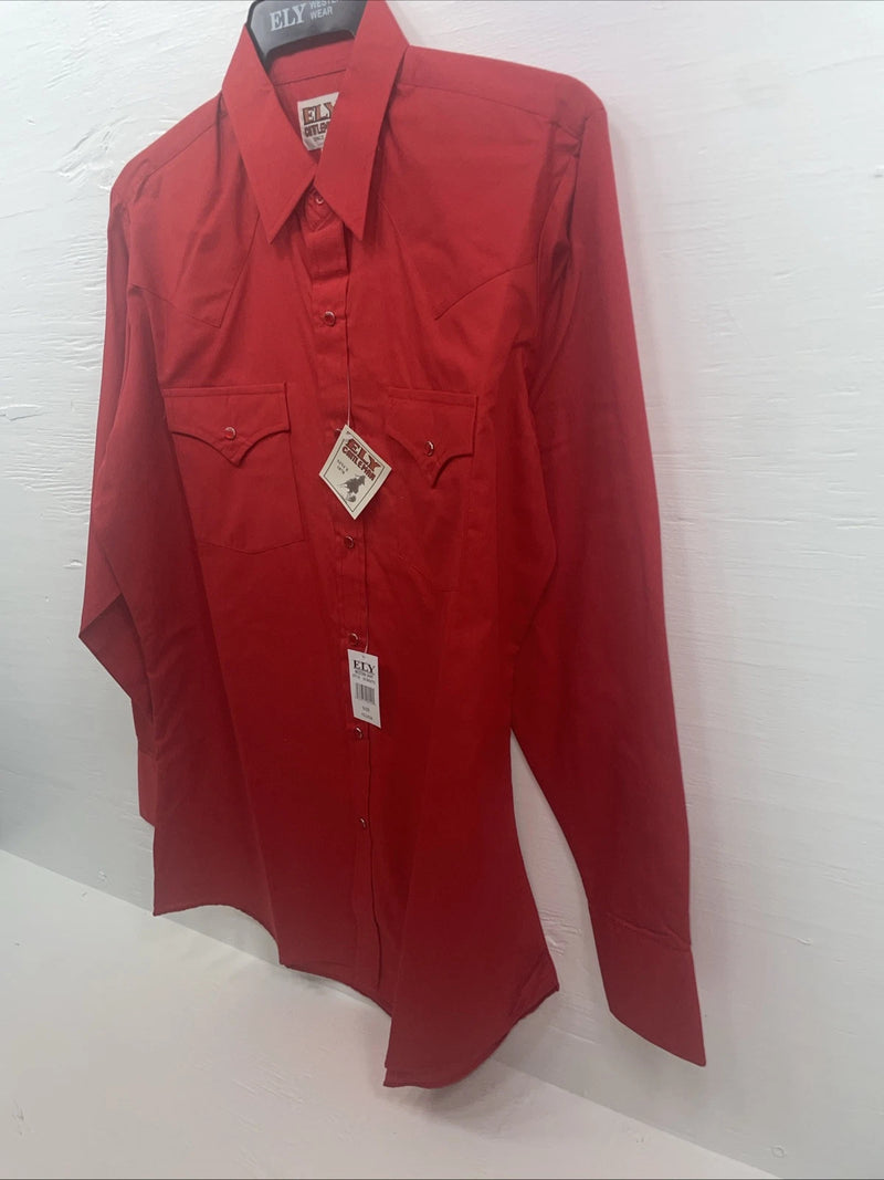 New Men’s ELY cattleman Red Long Sleeve Pearl Snap 15.5 X 34 Medium B-100