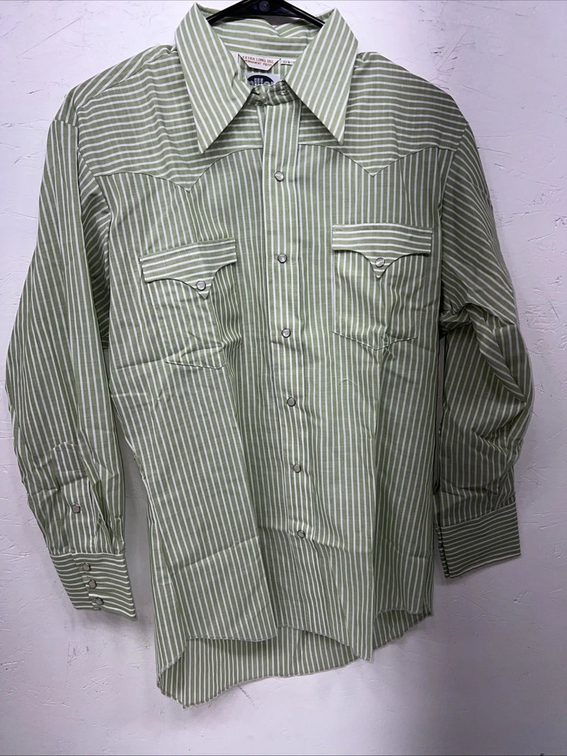 New Men’s Green Stripped Miller Long Sleeve Pearl Snap Shirt 15.5x32 M P-77